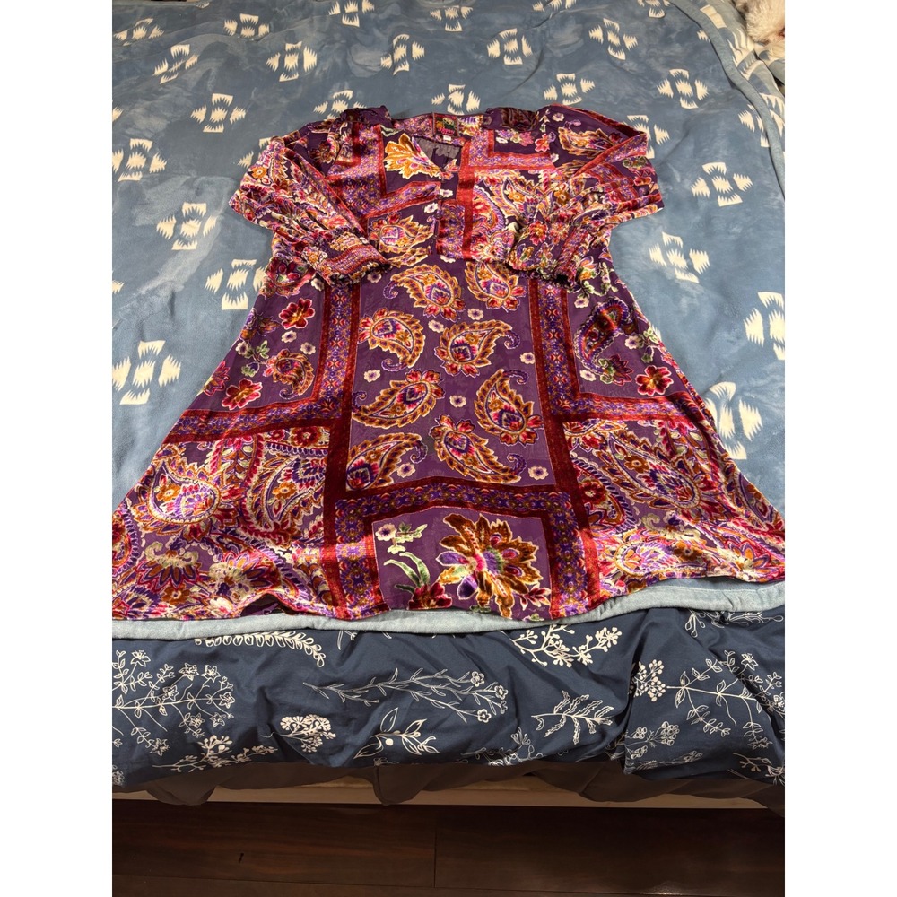 Johnny Was Silk Blend Velvet Paisley Floral Patchwork Tunic Dress Purple XL